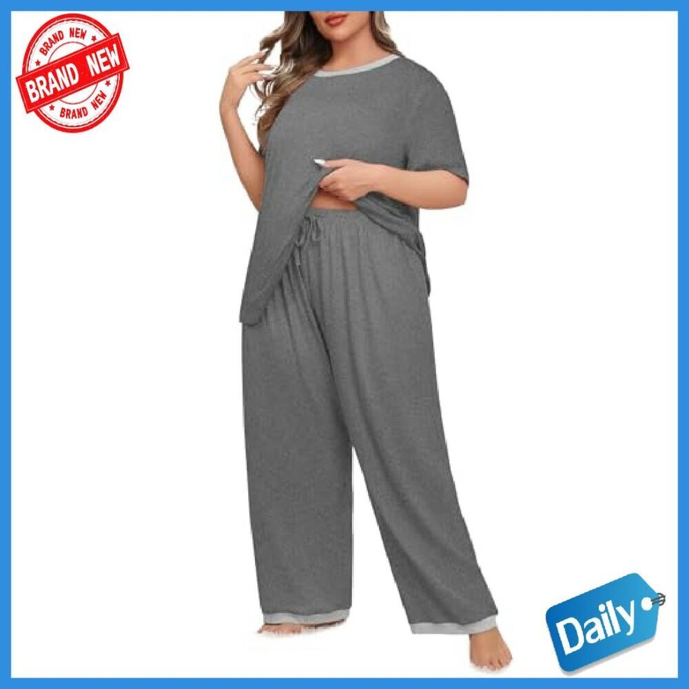 Plus Size Knit Pajama Set with Pockets, Short Sleeve & Pants - Picture 3 of 8